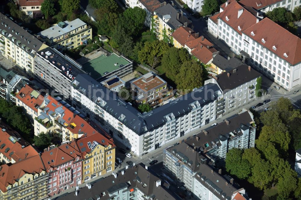 Aerial photograph München - Construction site to build a new multi-family residential complex an der Rheinstrasse corner Mainzer Strasse in Munich in the state Bavaria