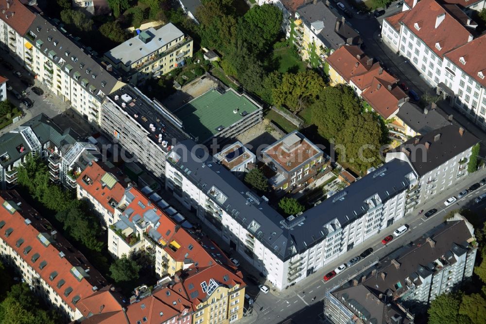 Aerial image München - Construction site to build a new multi-family residential complex an der Rheinstrasse corner Mainzer Strasse in Munich in the state Bavaria