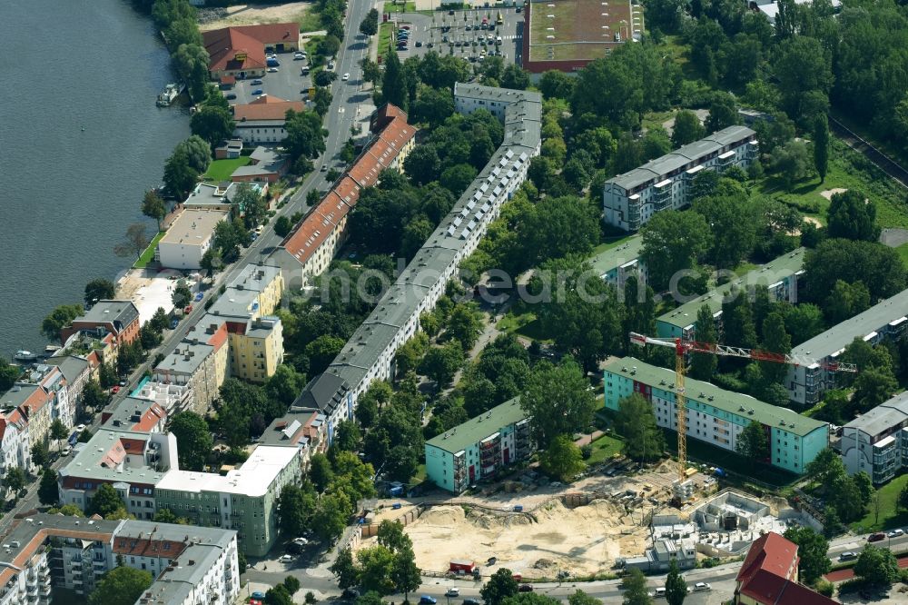 Berlin from the bird's eye view: Construction site to build a new multi-family residential complex Rudower Strasse corner Koellnische Strasse in the district Schoeneweide in Berlin, Germany