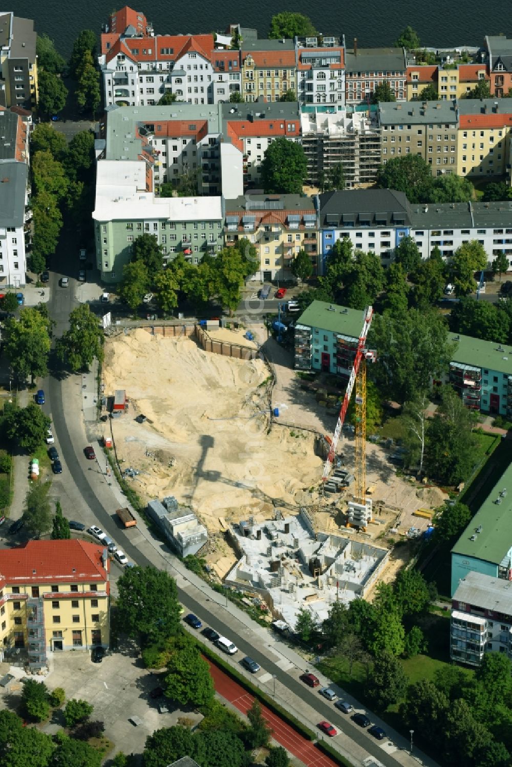 Aerial photograph Berlin - Construction site to build a new multi-family residential complex Rudower Strasse corner Koellnische Strasse in the district Schoeneweide in Berlin, Germany