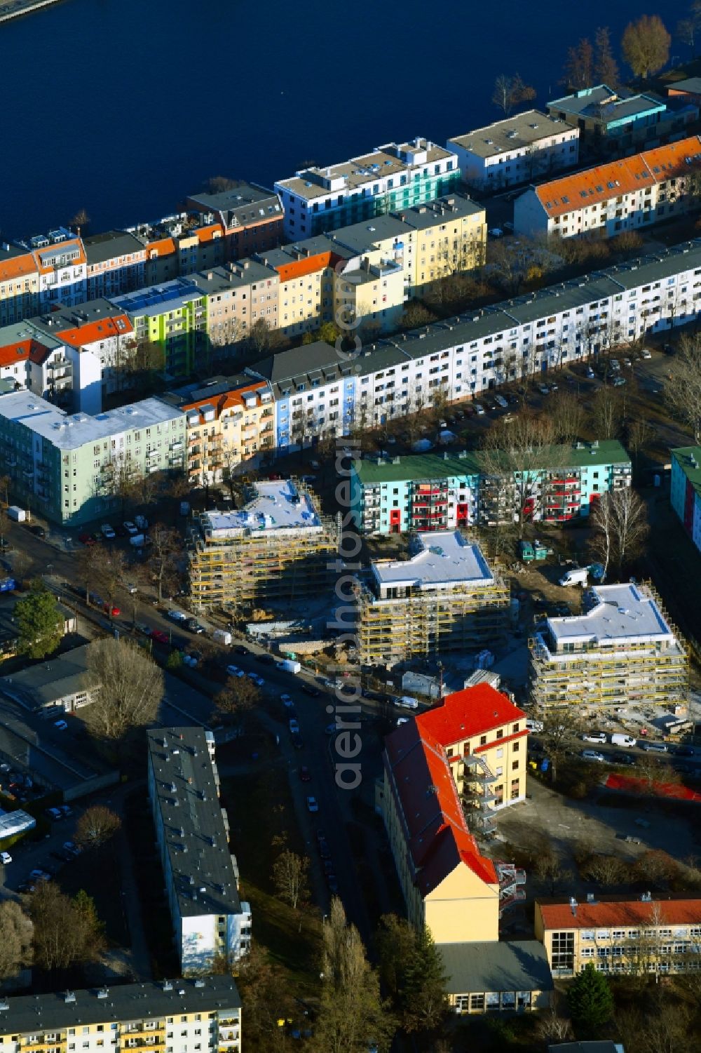 Aerial photograph Berlin - Construction site to build a new multi-family residential complex Rudower Strasse corner Koellnische Strasse in the district Schoeneweide in Berlin, Germany