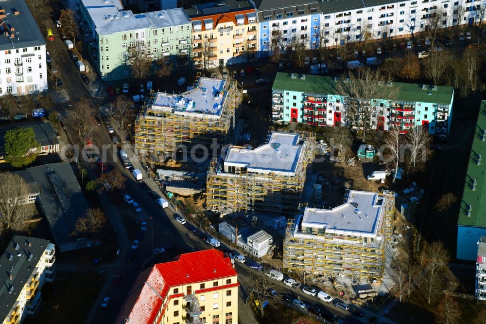 Berlin from the bird's eye view: Construction site to build a new multi-family residential complex Rudower Strasse corner Koellnische Strasse in the district Schoeneweide in Berlin, Germany