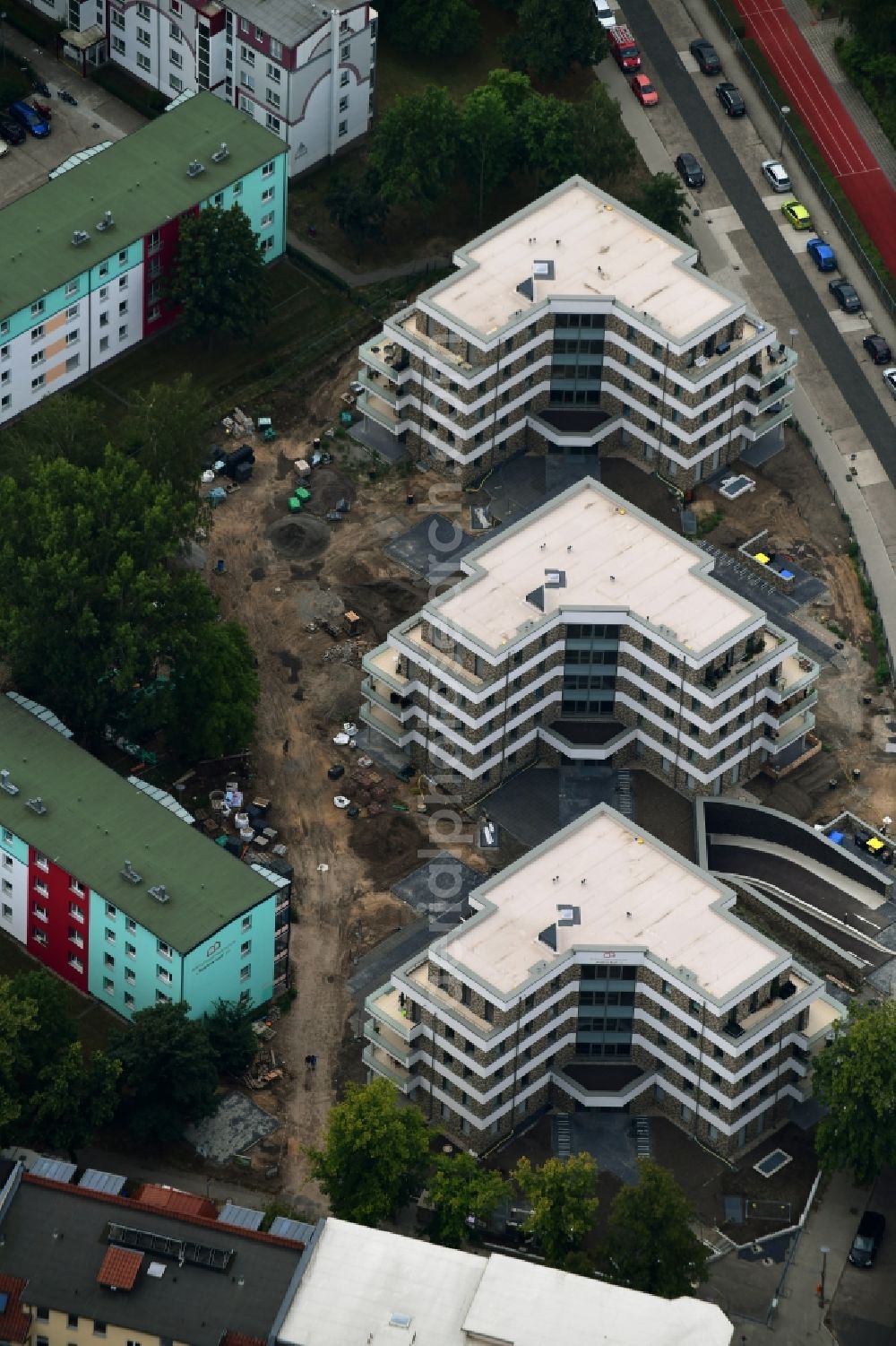 Berlin from above - Construction site to build a new multi-family residential complex Rudower Strasse corner Koellnische Strasse in the district Schoeneweide in Berlin, Germany