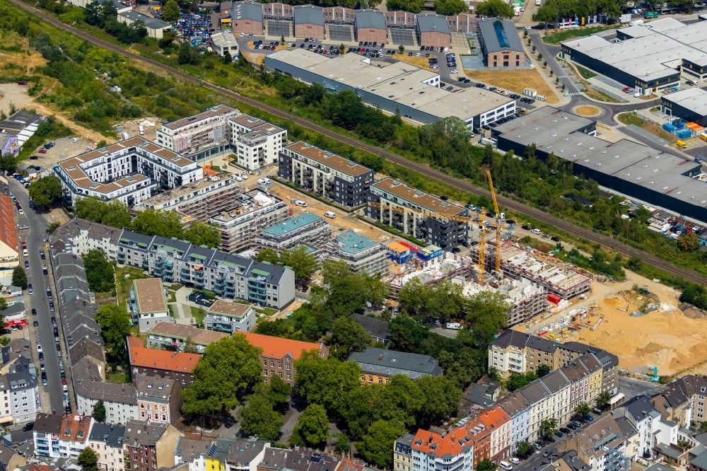 Düsseldorf from above - Construction site to build a new multi-family residential complex Schoeffenhoefe of Vivawest Wohnen GmbH on Mindener Strasse in Duesseldorf in the state North Rhine-Westphalia, Germany