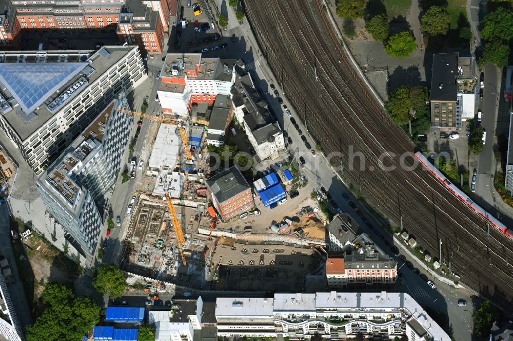 Aerial image Hamburg - Construction site to build a new multi-family residential complex on Schultzweg corner Norderstrasse in the district Hammerbrook in Hamburg, Germany