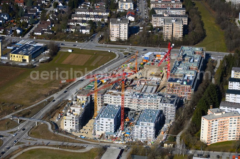 Aerial image Neuried - Construction site to build a new multi-family residential complex Suedlage on street Forstenrieder Strasse - Maxhofweg - Zugspitzstrasse in Neuried in the state Bavaria, Germany