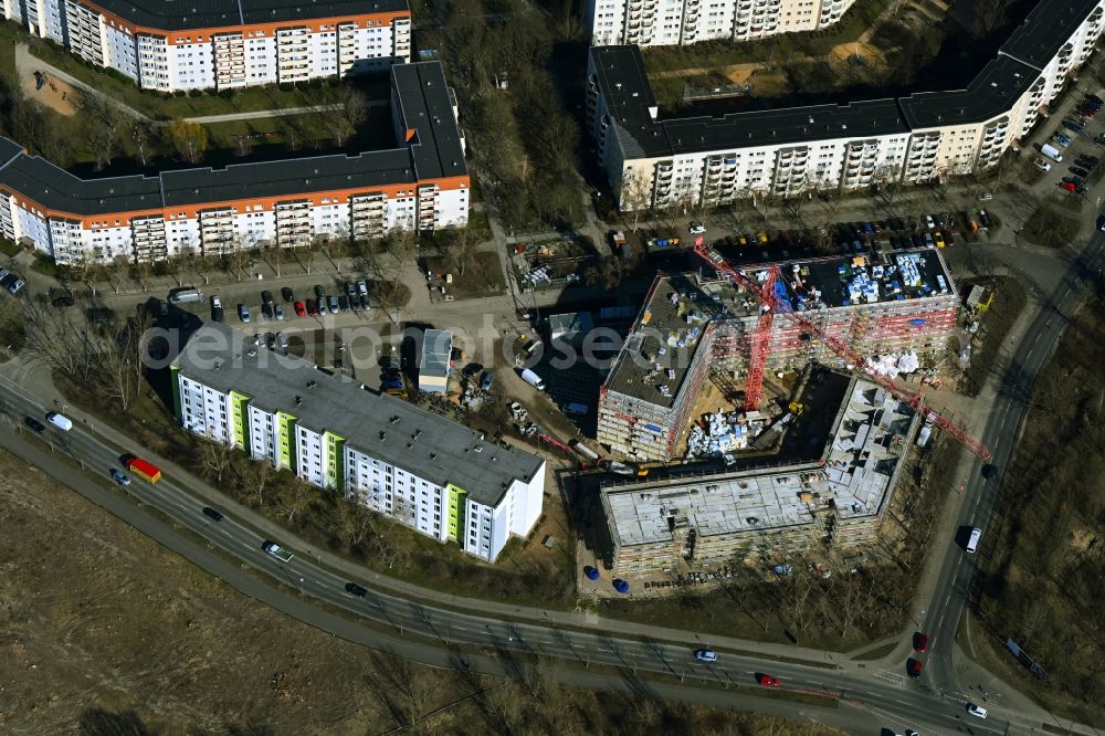 Berlin from above - Construction site to build a new multi-family residential complex on Seehausener Strasse corner Pablo-Picasso-Strasse in the district Hohenschoenhausen in Berlin, Germany