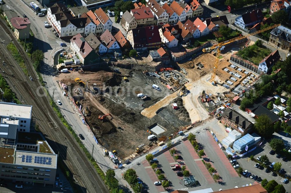 Schorndorf from above - Construction site to build a new multi-family residential complex S'LEDERER on Heinkelstrasse - Muehlgasse - Charlottenstrasse in Schorndorf in the state Baden-Wuerttemberg, Germany