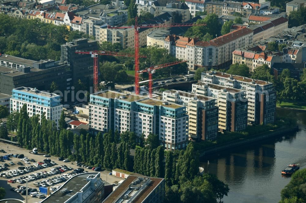 Aerial image Berlin - Construction site to build a new multi-family residential complex Spree-One of OPTIMA-AEGIDIUS-FIRMENGRUPPE Nymphenburger Beteiligungs AG on Dovestrasse in the district Charlottenburg-Wilmersdorf in Berlin, Germany