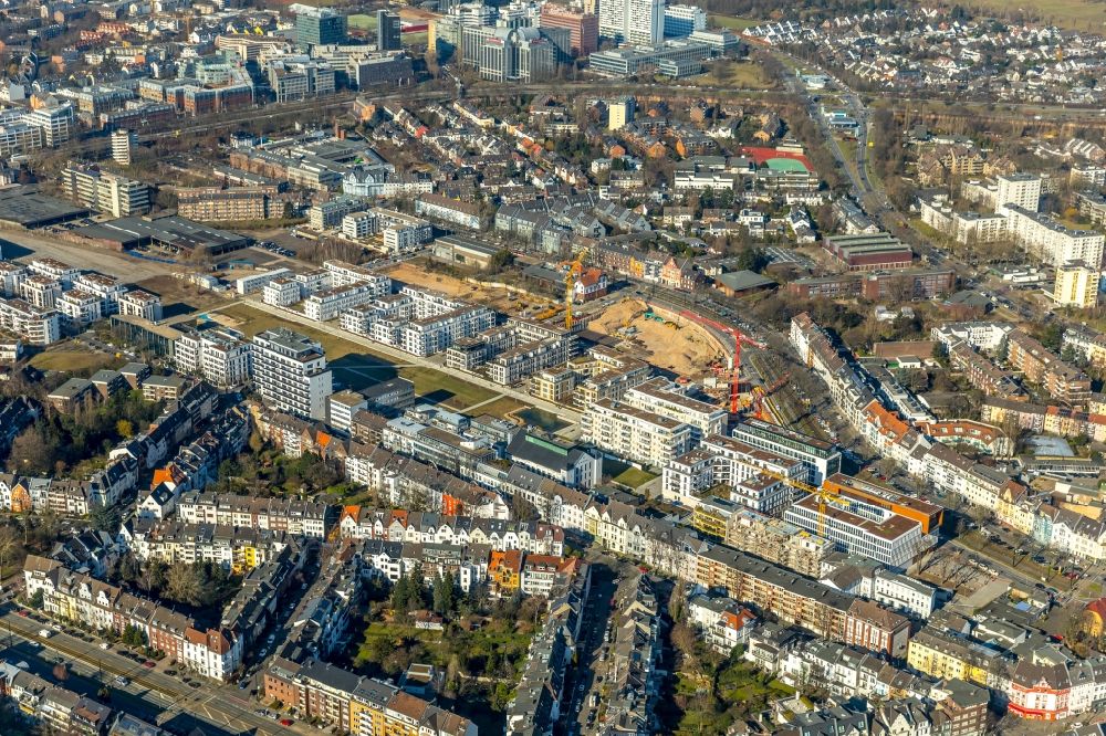 Aerial photograph Düsseldorf - Construction site to build a new multi-family residential complex in Stadtquartier BelsenPark on Ria-Thiele-Strasse in Duesseldorf in the state North Rhine-Westphalia, Germany