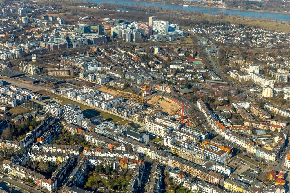 Düsseldorf from above - Construction site to build a new multi-family residential complex in Stadtquartier BelsenPark on Ria-Thiele-Strasse in Duesseldorf in the state North Rhine-Westphalia, Germany