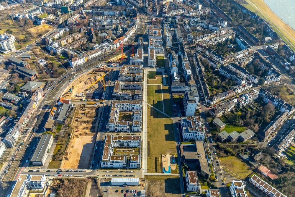 Aerial photograph Düsseldorf - Construction site to build a new multi-family residential complex in Stadtquartier BelsenPark on Ria-Thiele-Strasse in the district Oberkassel in Duesseldorf in the state North Rhine-Westphalia, Germany