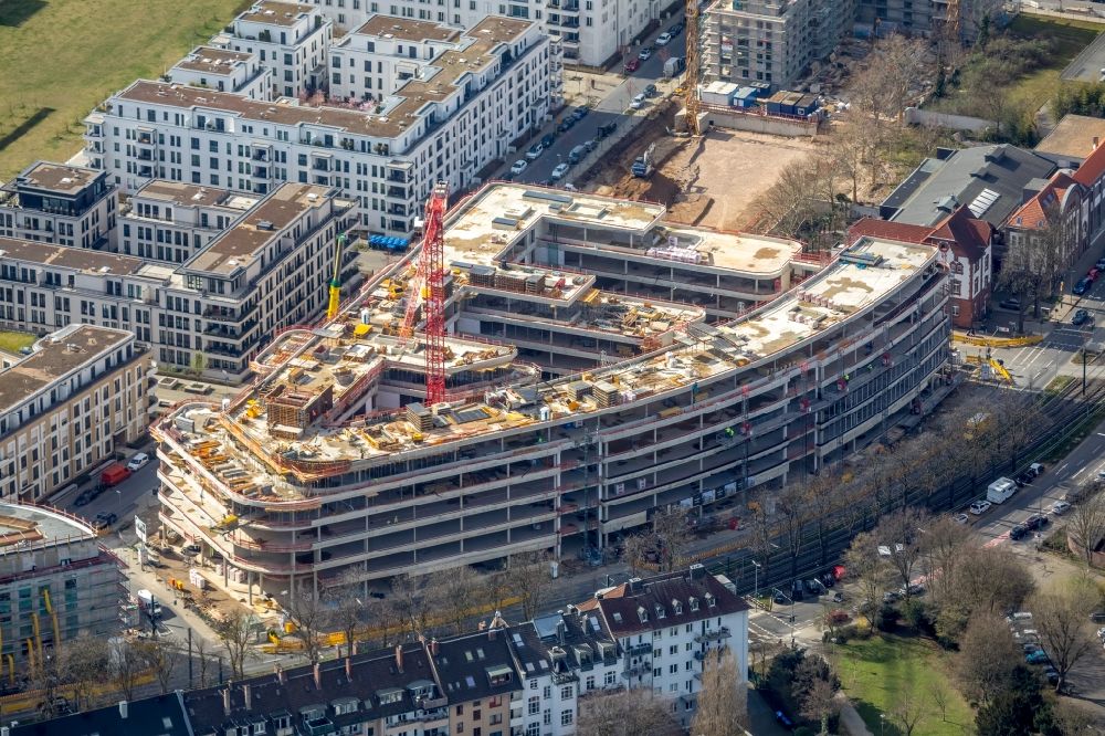 Düsseldorf from above - Construction site to build a new multi-family residential complex in Stadtquartier BelsenPark - Ria2 on Ria-Thiele-Strasse in Duesseldorf in the state North Rhine-Westphalia, Germany