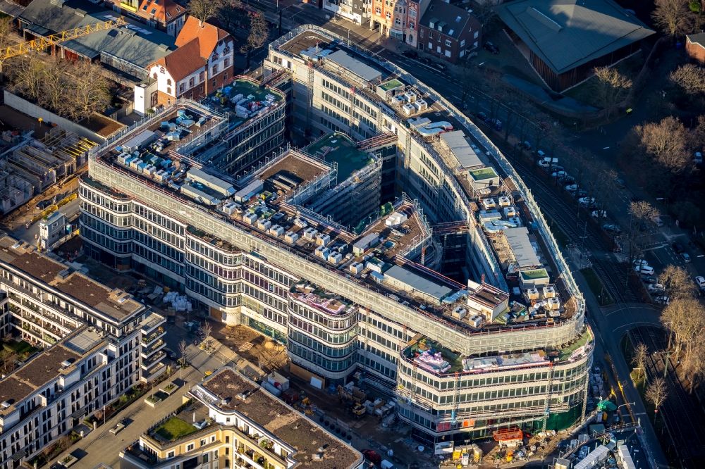 Aerial image Düsseldorf - Construction site to build a new multi-family residential complex in Stadtquartier BelsenPark - Ria2 on Ria-Thiele-Strasse in Duesseldorf in the state North Rhine-Westphalia, Germany