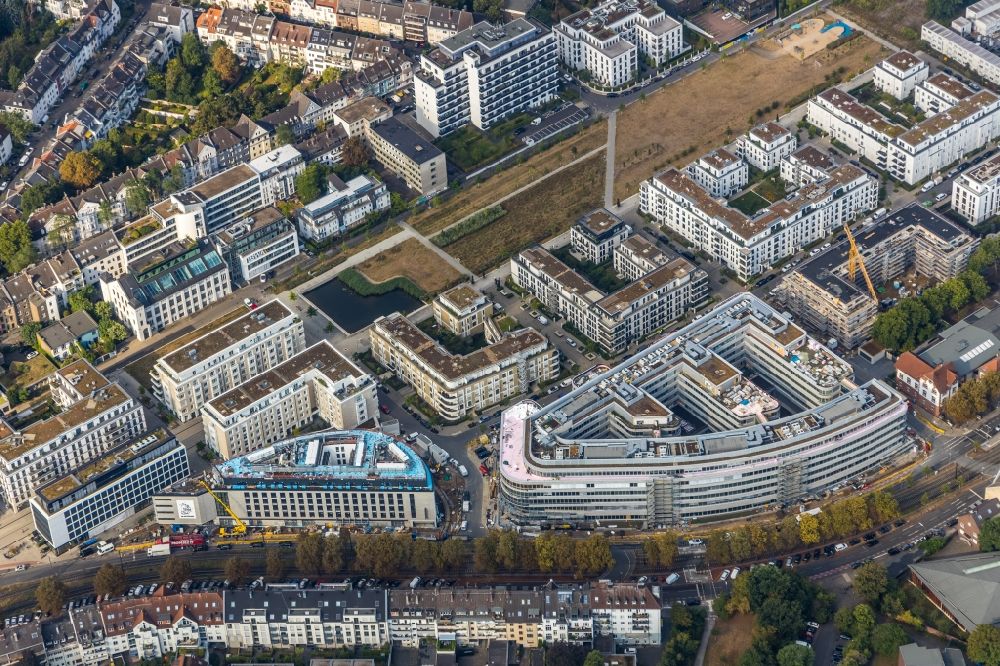 Aerial image Düsseldorf - Construction site to build a new multi-family residential complex in Stadtquartier BelsenPark - Ria2 on Ria-Thiele-Strasse in Duesseldorf in the state North Rhine-Westphalia, Germany