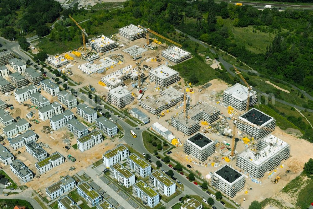 Berlin from the bird's eye view: Construction site to build a new multi-family residential complex on Sternbluetenweg in the district Bohnsdorf in Berlin, Germany