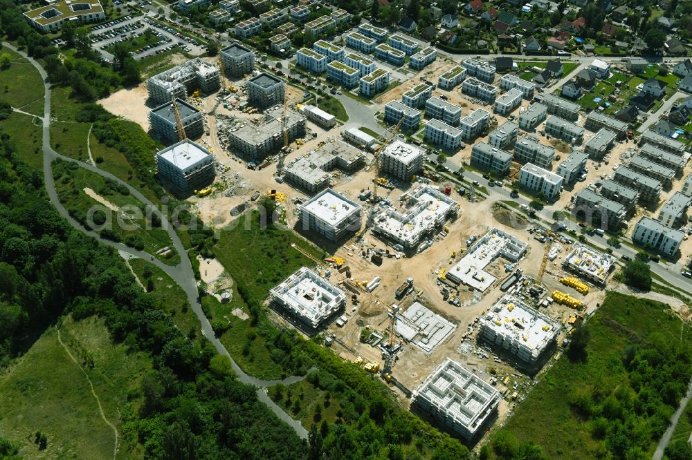 Aerial image Berlin - Construction site to build a new multi-family residential complex on Sternbluetenweg in the district Bohnsdorf in Berlin, Germany
