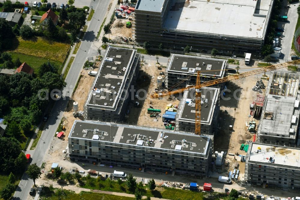 Schönefeld from the bird's eye view: Construction site to build a new multi-family residential complex Theodor-Fontane-Hoefe of DIE Deutsche Immobilien Entwicklungs AG on Theodor-Fontane-Allee in Schoenefeld in the state Brandenburg, Germany