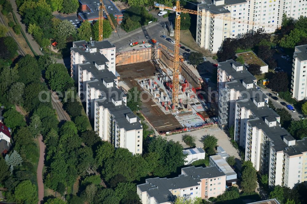 Berlin from above - Construction site to build a new multi-family residential complex Theodor-Loos-Weg corner Wutzkyallee in the district Buckow in Berlin, Germany