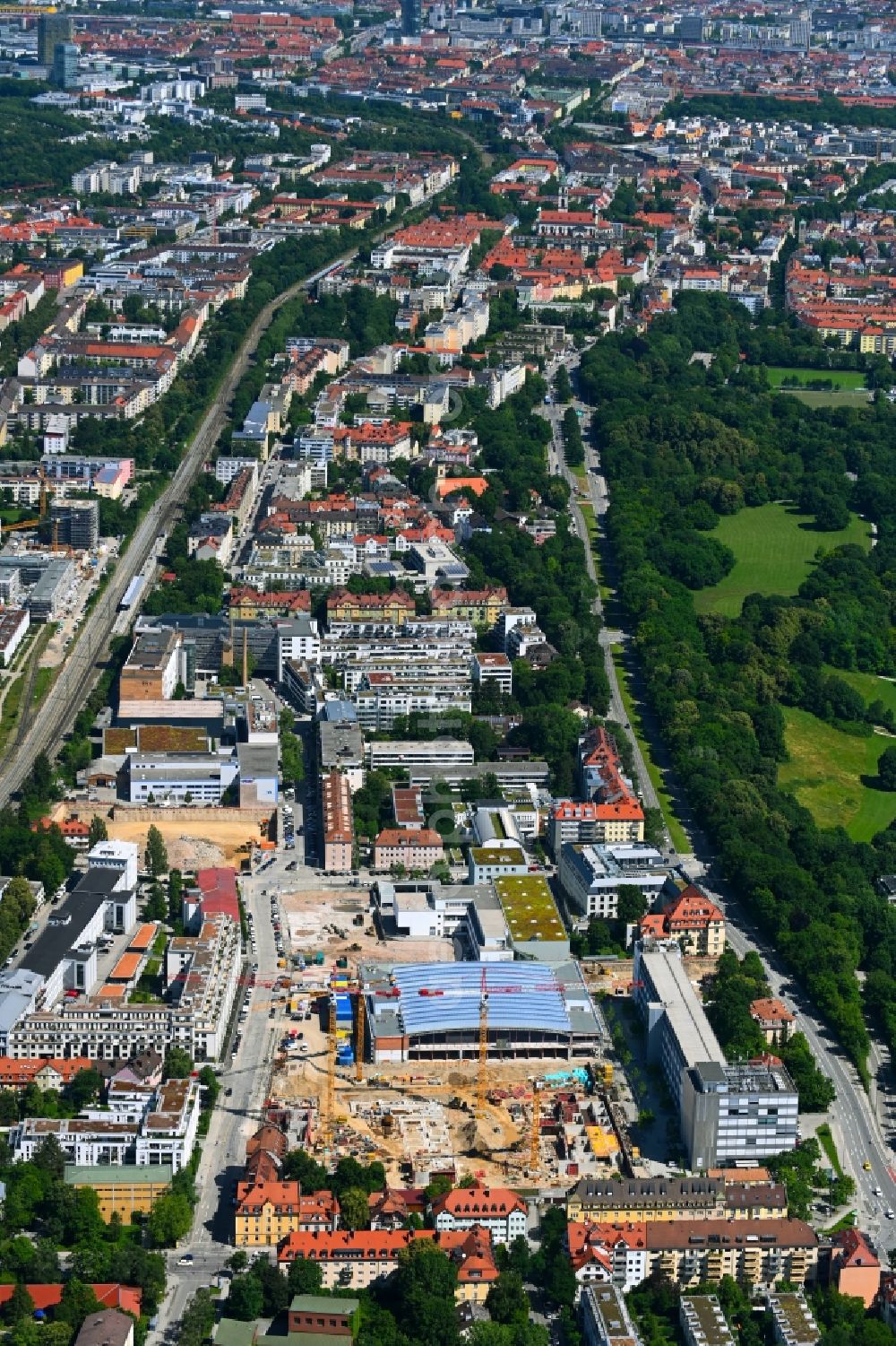 München from above - Construction site to build a new multi-family residential complex Toelzer Strasse - Plinganserstrasse - Deckelhalle in the district Obersendling in Munich in the state Bavaria, Germany