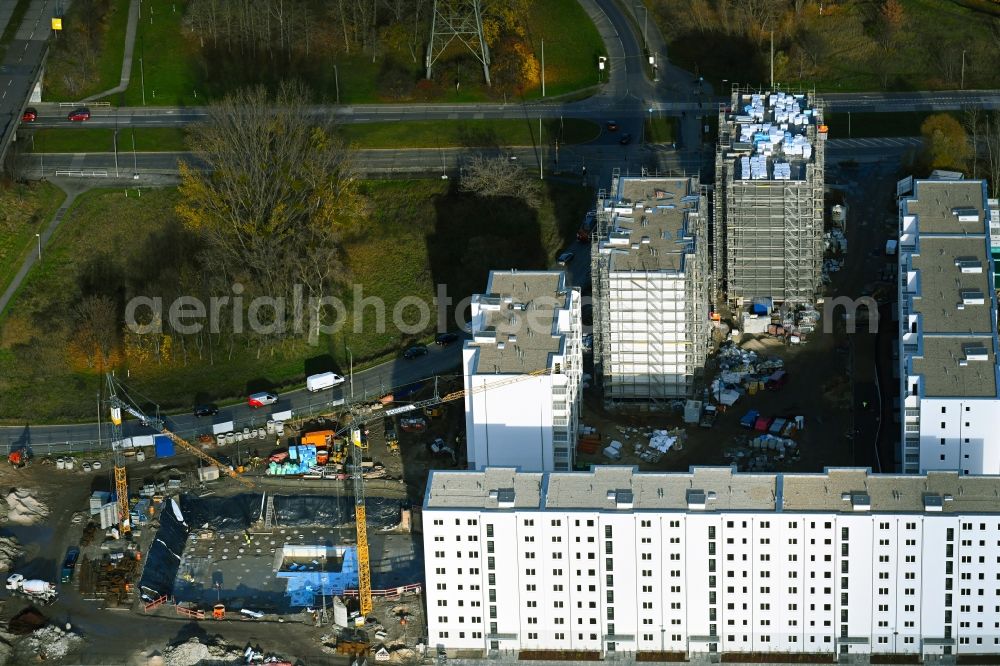 Berlin from the bird's eye view: Construction site to build a new multi-family residential complex Trusetaler Strasse corner Wuhletalstrasse in the district Marzahn in Berlin, Germany