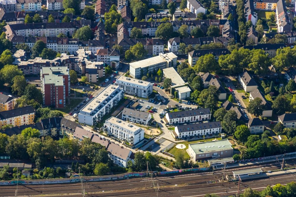 Aerial image Essen - Construction site to build a new multi-family residential complex of Vivawest Wohnen GmbH on Giesebrechtstrasse - Noeggerathstrasse in the district Frohnhausen in Essen in the state North Rhine-Westphalia, Germany