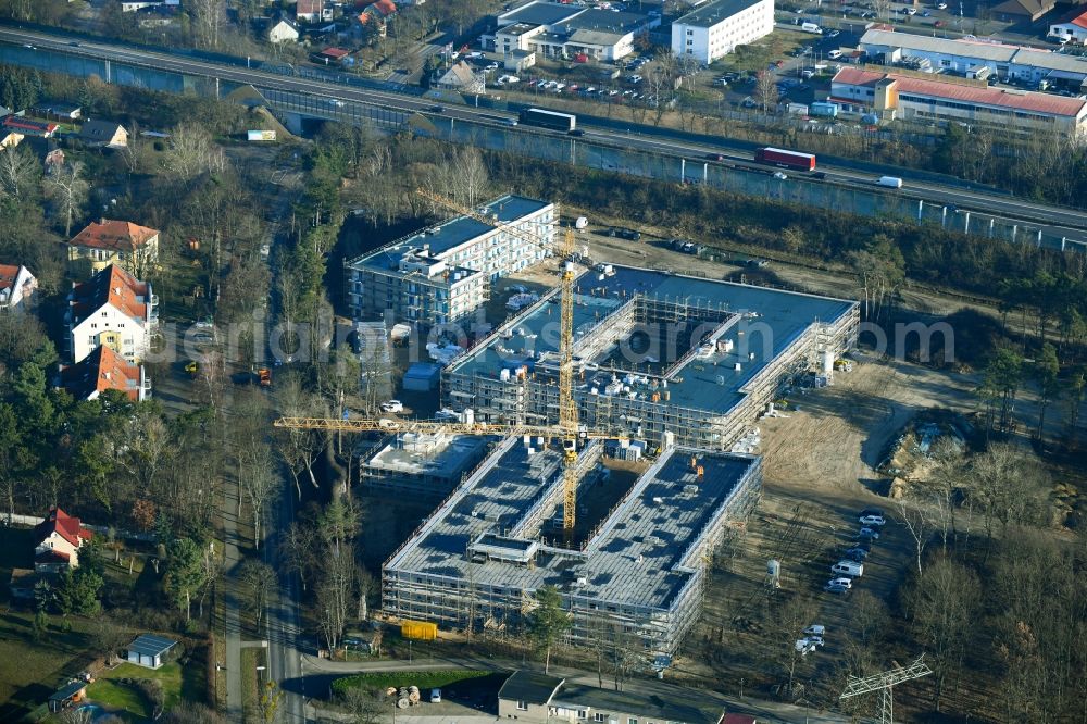Aerial image Bernau - Construction site to build a new multi-family residential complex Waldquartier Friedenstal-Bernau on Zepernicker Chaussee corner Lenastrasse in Bernau in the state Brandenburg, Germany