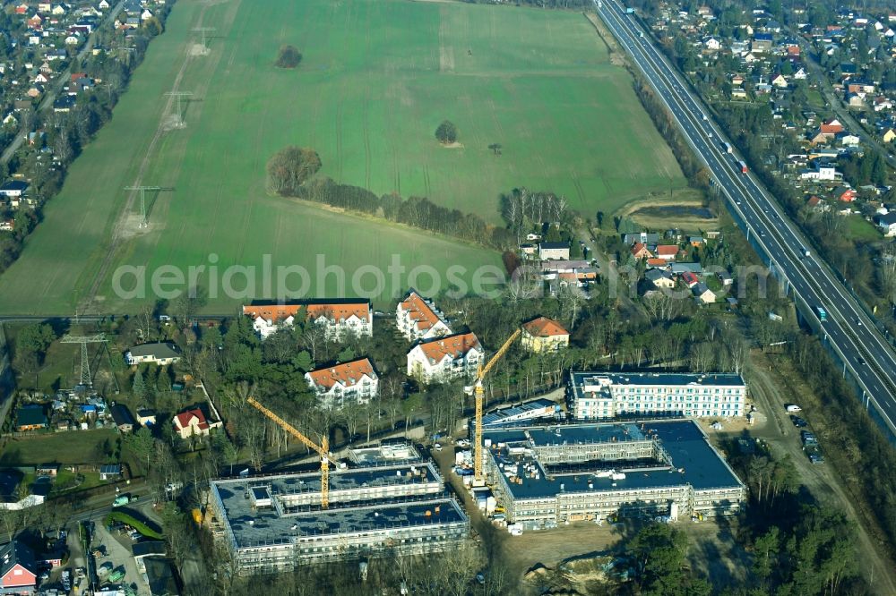 Aerial image Bernau - Construction site to build a new multi-family residential complex Waldquartier Friedenstal-Bernau on Zepernicker Chaussee corner Lenastrasse in Bernau in the state Brandenburg, Germany