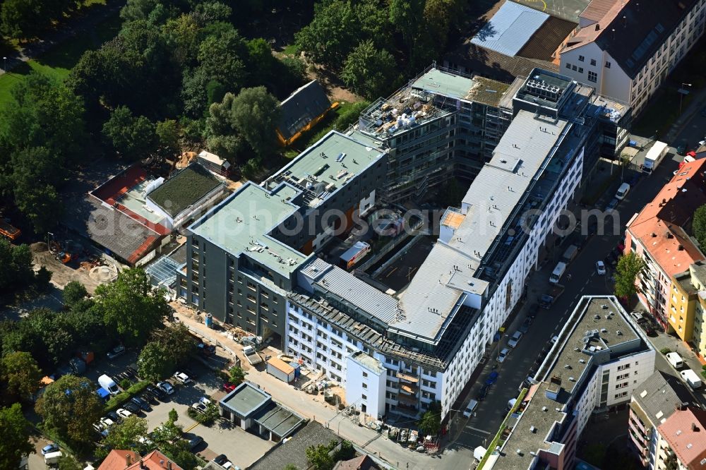 Nürnberg from the bird's eye view: Construction site to build a new multi-family residential complex Waterside- project on Leitzstrasse corner Bartholomaeusstrasse in the district Veilhof in Nuremberg in the state Bavaria, Germany