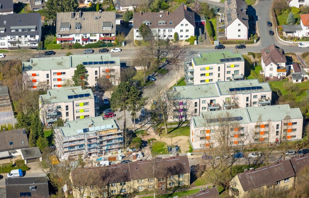 Hattingen from above - Construction site to build a new multi-family residential complex on Wiesenstrasse - Hochstand in Hattingen in the state North Rhine-Westphalia, Germany