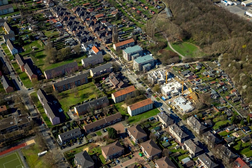 Aerial image Essen - Construction site to build a new multi-family residential complex on Wildstrasse in the district Vogelheim in Essen in the state North Rhine-Westphalia, Germany