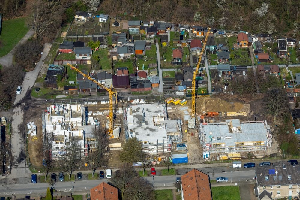 Essen from the bird's eye view: Construction site to build a new multi-family residential complex on Wildstrasse in the district Vogelheim in Essen in the state North Rhine-Westphalia, Germany