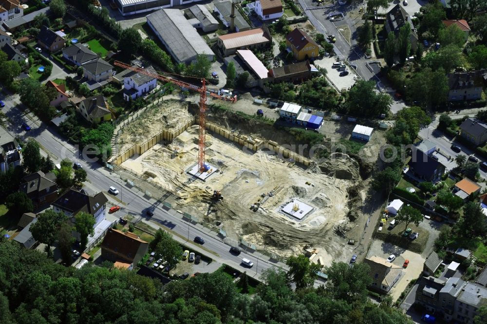 Stahnsdorf from the bird's eye view: Construction site to build a new multi-family residential complex on Wilhelm-Kuelz-Strasse in Stahnsdorf in the state Brandenburg, Germany