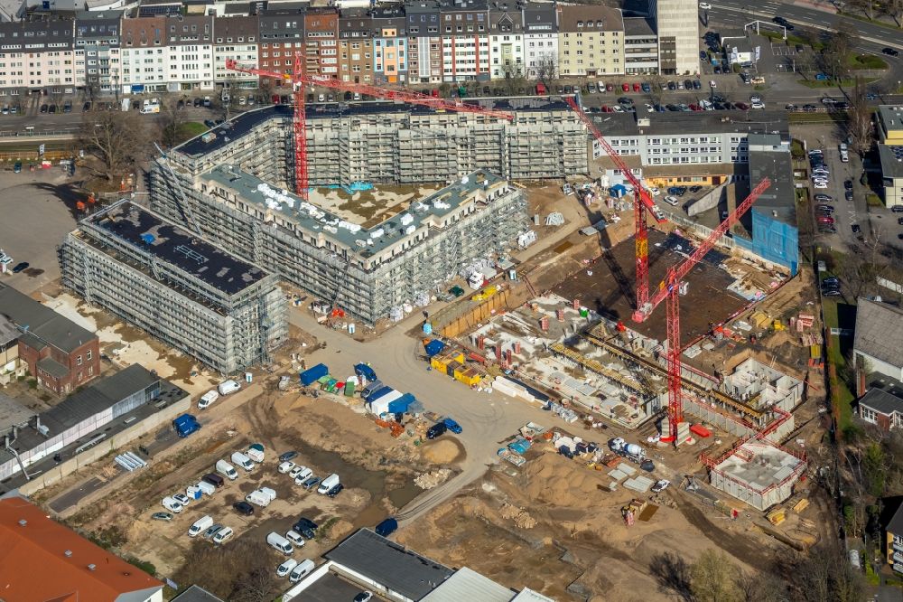 Düsseldorf from the bird's eye view: Construction site to build the new multi-family residential complex WILMA-Wohngebiet Freiraum on Witzelstrasse in the district Bilk in Duesseldorf in the state North Rhine-Westphalia, Germany