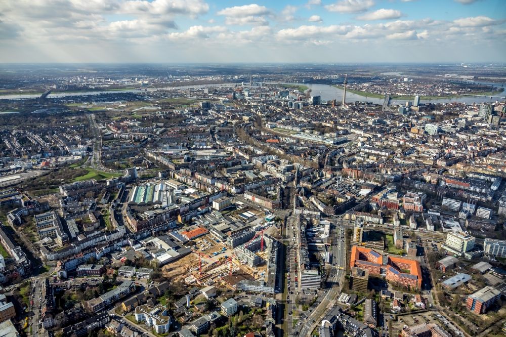 Aerial photograph Düsseldorf - Construction site to build the new multi-family residential complex WILMA-Wohngebiet Freiraum on Witzelstrasse in the district Bilk in Duesseldorf in the state North Rhine-Westphalia, Germany