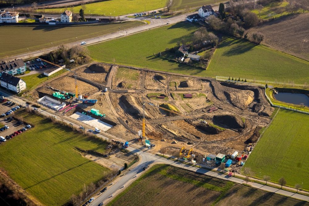Velbert from the bird's eye view: Construction site to build a new multi-family residential complex Wimmersberger Suedblick in the district Neviges in Velbert in the state North Rhine-Westphalia, Germany