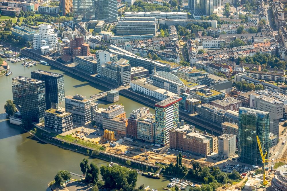 Düsseldorf from the bird's eye view: Construction site to build a new multi-family residential complex Win Win of FRANKONIA Eurobau AG on Speditionstrasse in Duesseldorf in the state North Rhine-Westphalia, Germany