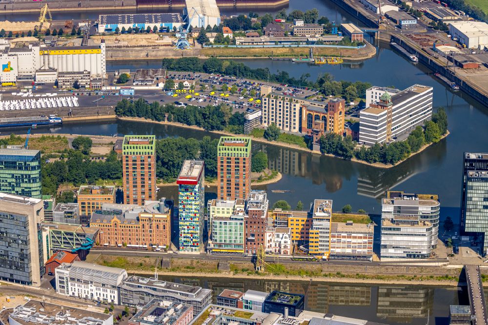 Düsseldorf from above - Construction site to build a new multi-family residential complex Win Win of FRANKONIA Eurobau AG on Speditionstrasse in Duesseldorf in the state North Rhine-Westphalia, Germany