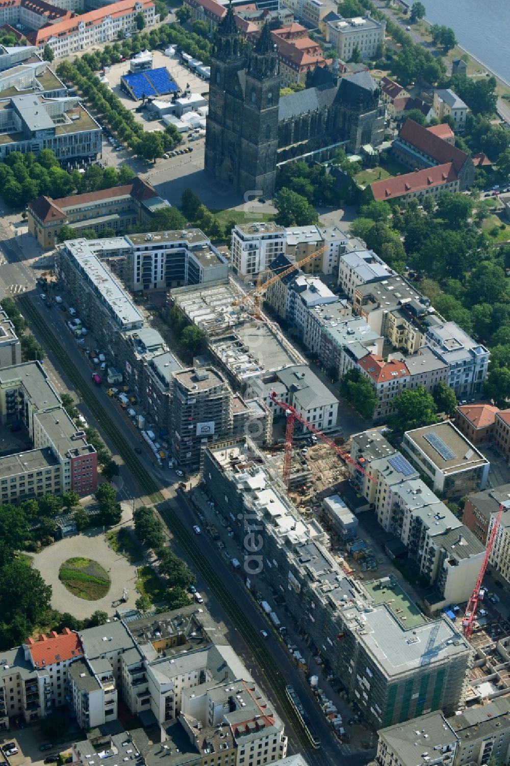 Magdeburg from above - Construction site to build a new multi-family residential complex Breiter Weg - Danzstrasse in Magdeburg in the state Saxony-Anhalt, Germany
