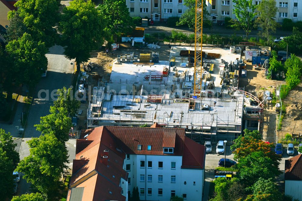 Bernau from above - Construction site to build a new multi-family residential complex on Karl-Marx-Strasse corner Enzianstrasse in Bernau in the state Brandenburg, Germany