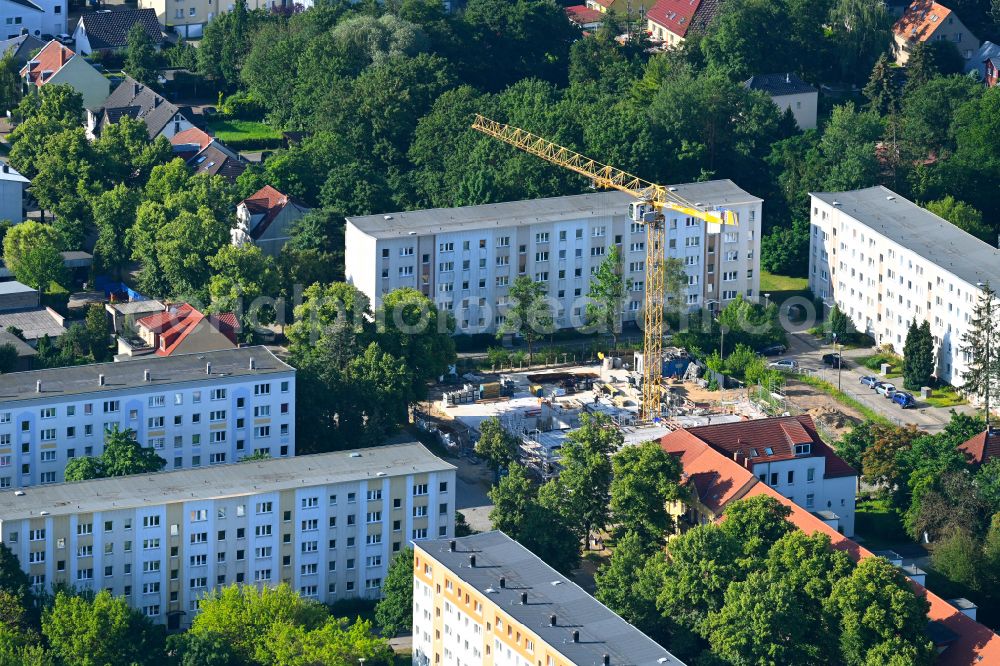 Bernau from the bird's eye view: Construction site to build a new multi-family residential complex on Karl-Marx-Strasse corner Enzianstrasse in Bernau in the state Brandenburg, Germany