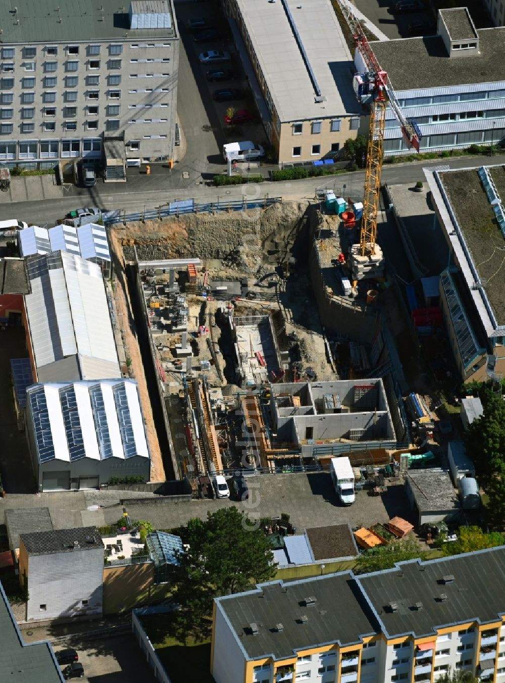 Würzburg from above - Construction site to build a new multi-family residential complex in the district Zellerau in Wuerzburg in the state Bavaria, Germany