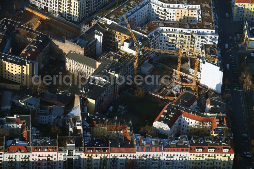 Aerial image Berlin - Construction site to build a new multi-family residential complex the Schreibfederhoefe on Weserstrasse in the district Friedrichshain in Berlin, Germany