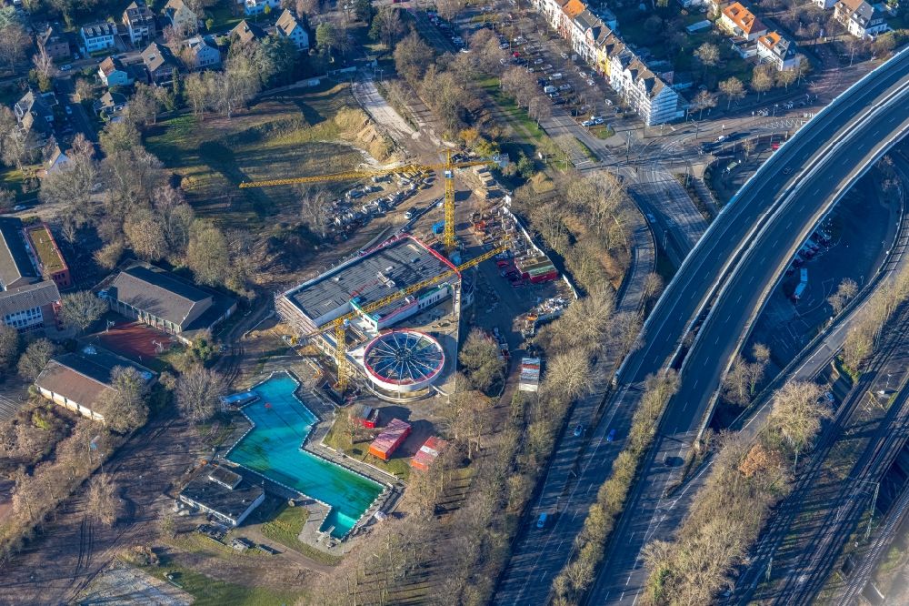 Düsseldorf from the bird's eye view: Construction site for the new construction of the leisure facility Multi-generation health bath Benrath on Regerstrasse in the district Benrath in Dusseldorf in the Ruhr area in the state North Rhine-Westphalia, Germany