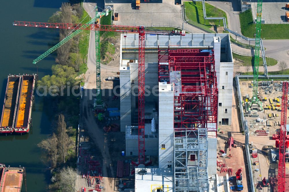 Aerial photograph Magdeburg - Construction site for the new construction of the waste incineration plant for waste treatment MHKW Rothensee on street Kraftwerk-Privatweg in the district Gewerbegebiet Nord in Magdeburg in the state Saxony-Anhalt, Germany