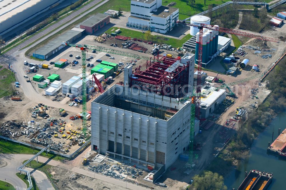 Aerial image Magdeburg - Construction site for the new construction of the waste incineration plant for waste treatment MHKW Rothensee on street Kraftwerk-Privatweg in the district Gewerbegebiet Nord in Magdeburg in the state Saxony-Anhalt, Germany