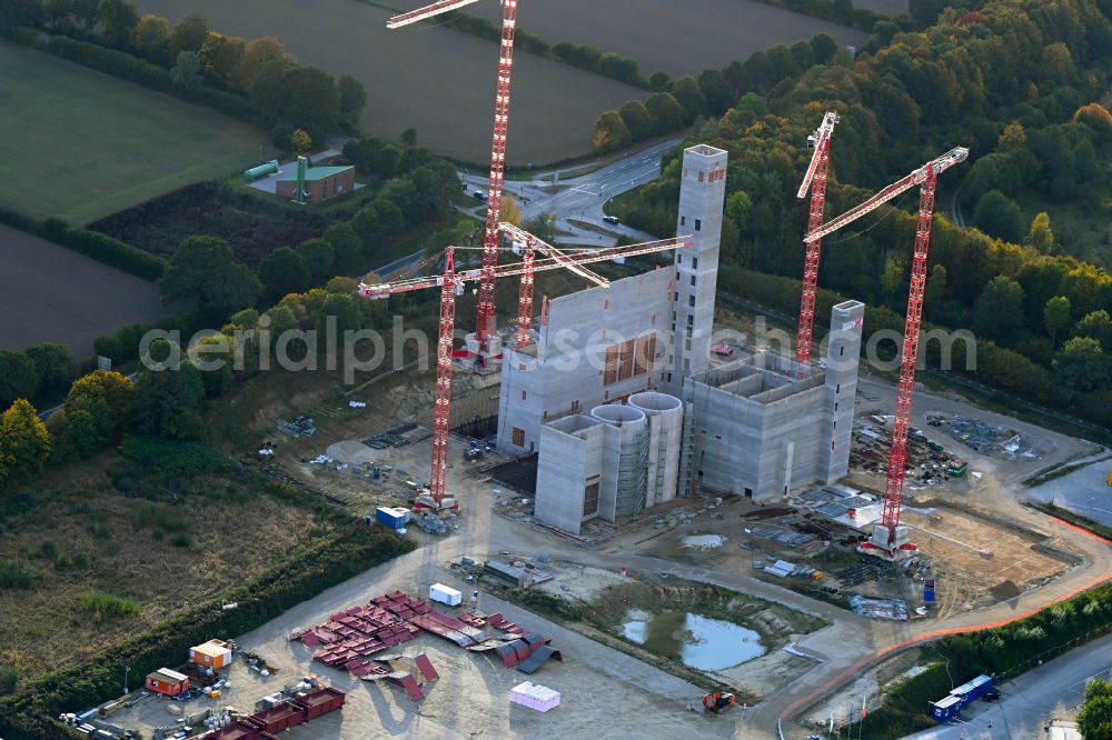 Stapelfeld from above - Construction site for the new construction of the waste incineration plant for waste treatment MVA residual waste combined heat and power plant and a mono sewage sludge incineration on the street Ahrensburger Weg in Stapelfeld in the state Schleswig-Holstein, Germany