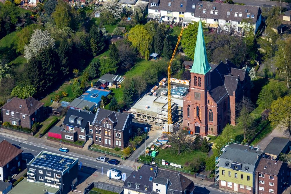 Aerial image Oberhausen - Construction site for the new building eines neuen Gemeindezentrum on Evangelischen Auferstehungskirche on Vestische Strasse in Oberhausen in the state North Rhine-Westphalia, Germany