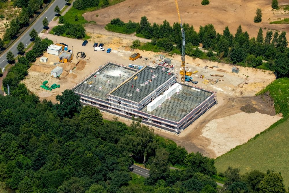 Marl from the bird's eye view: Construction site for construction of a new hospital canteen kitchen of the clinics of the Catholic Hospital Ruhr-Nord (KKRN), the Elisabeth Hospital (Dorsten), of St. Sixtus-Hospital (holders) and the Gertrudis Hospital (Herten-Westerholt) in Marl in State of North Rhine-Westphalia. For the planning and execution Hospital Ruhr Nord GmbH is the KKRN Kath. responsible