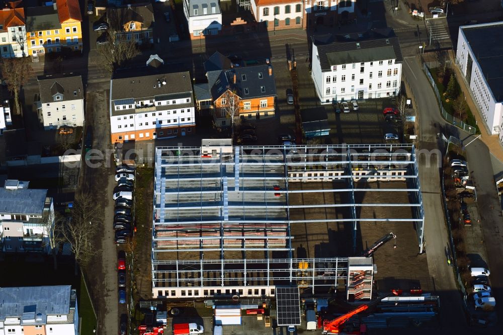 Aerial image Bernau - Construction site for the new parking garage on Breitscheidstrasse in Bernau in the state Brandenburg, Germany